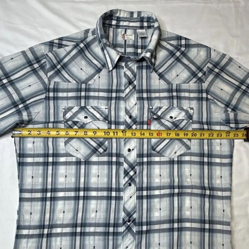 Levi's Mens Blue White Plaid Short Sleeve Pearl Button-Up Shirt Skull Graphic L